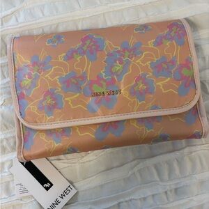 Nine West Peach Floral Foldover Makeup Organizer with Multicolor Blooms